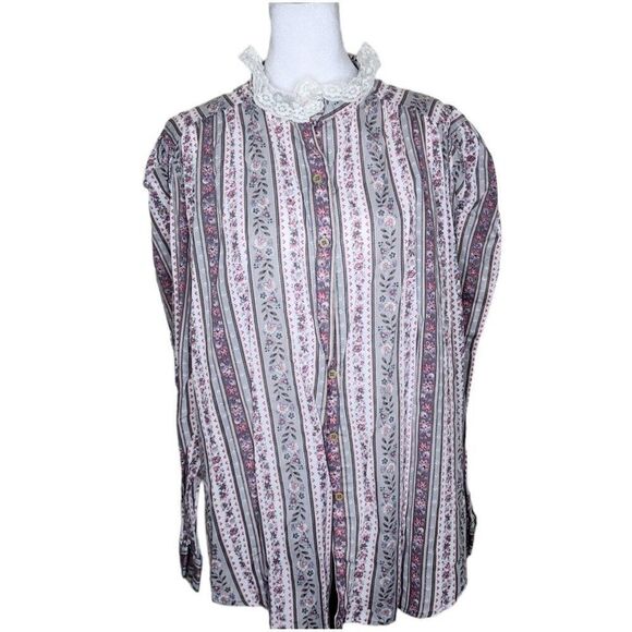 Vintage Long Sleeve High Neck Prairie Button Down Top Blouse Womens 2XL Gray - Picture 1 of 9